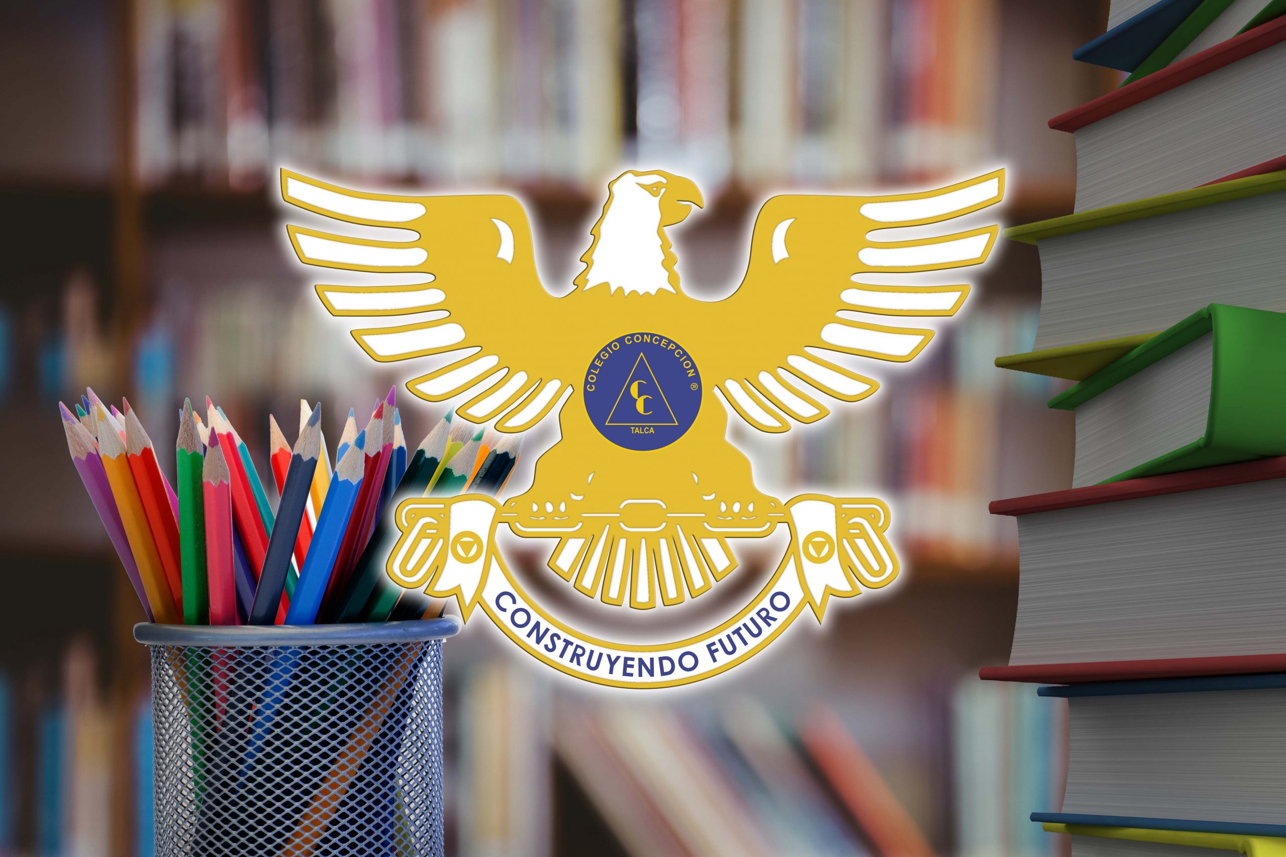 Digital composite of Pencils and stack of books with library background Digital composite of Pencils and stack of books with library background